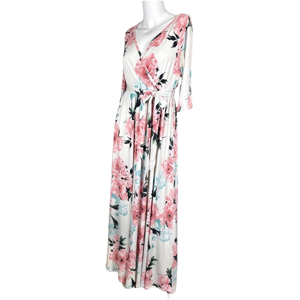 Faux Wrap Floral Belted Romantic Dress Size L Multicolor Pink Blush